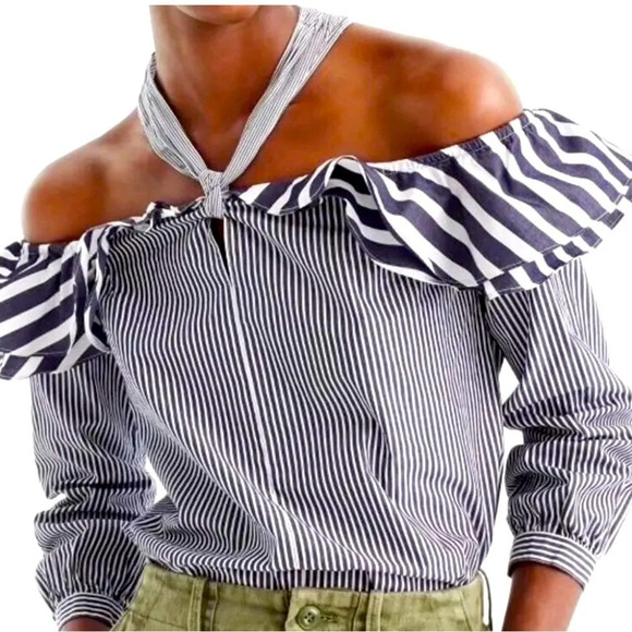 J. Crew Tops - J. Crew Women’s Striped Off the Shoulder Blouse in Blue White Size 4